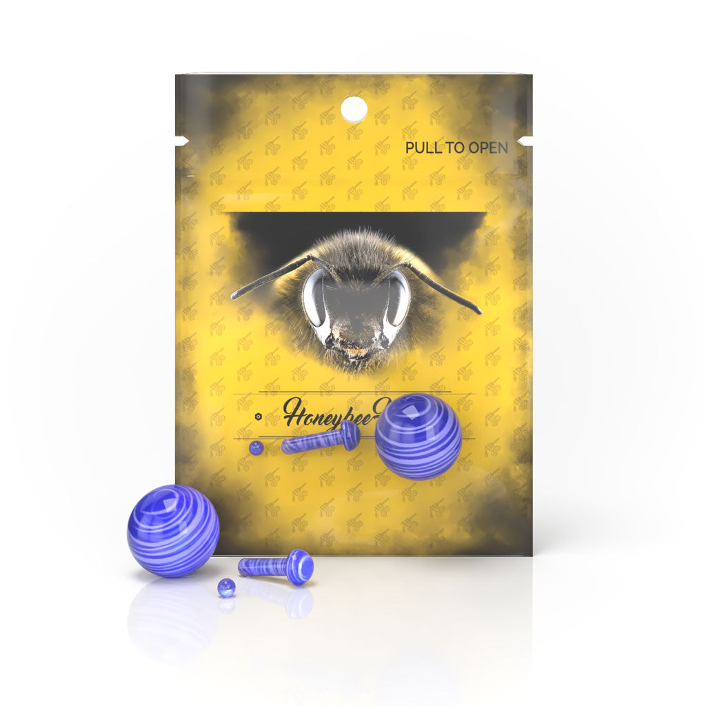 Honeybee Herb Blue Glass Mushroom Pillar Terp Set for Dab Rigs, Front View on Branded Background