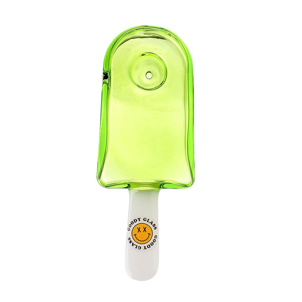 Goody Glass Popsicle Hand Pipe in Slime Green, Front View on White Background