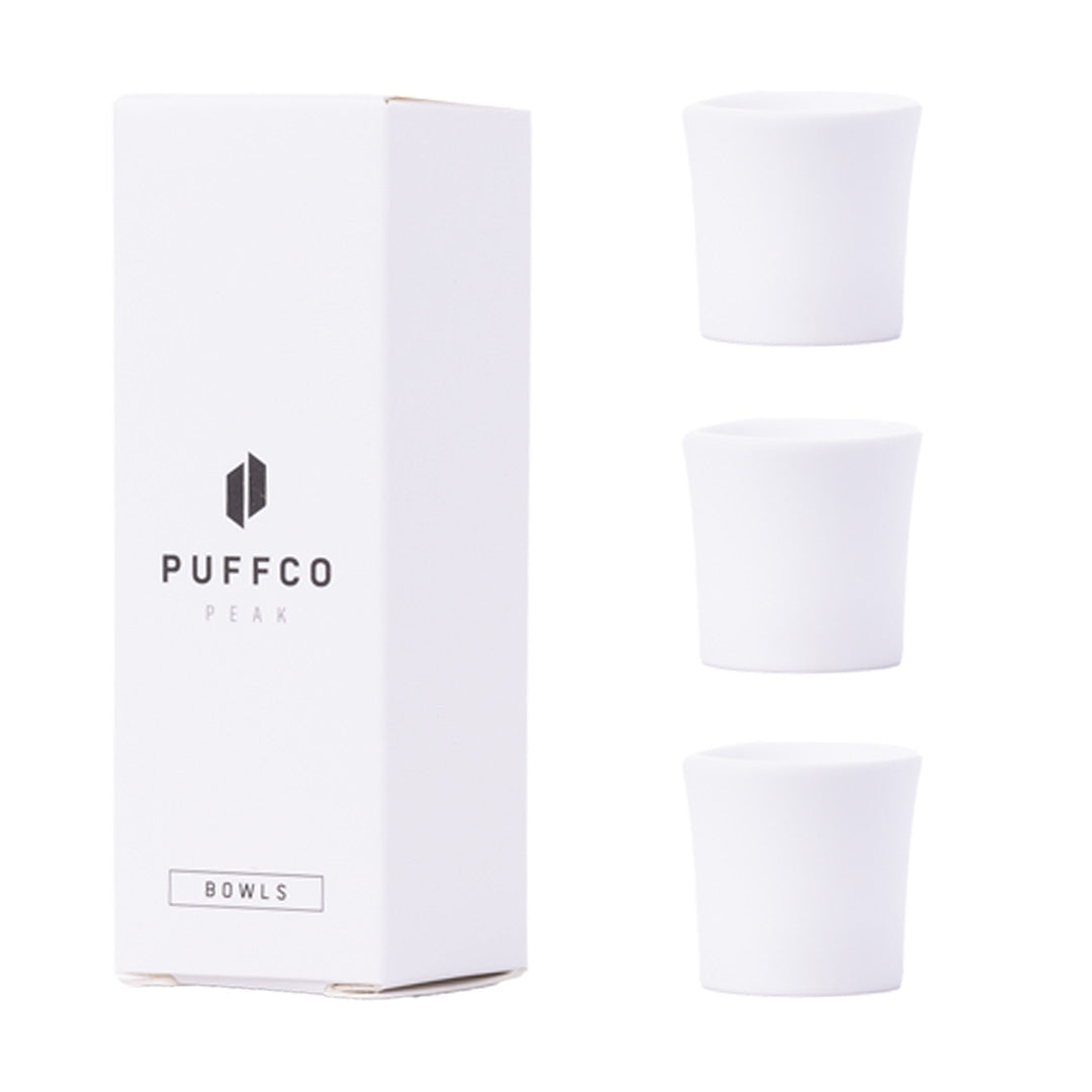 Puffco Peak ceramic bowl 3-pack for e-rigs, front view with packaging and inserts