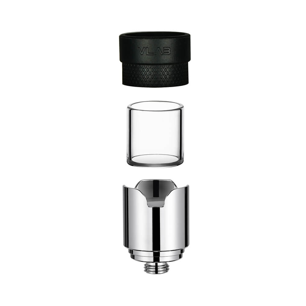 VLAB Halo V2 Atomizer for E-Rigs, front view on white background, with glass and metal components
