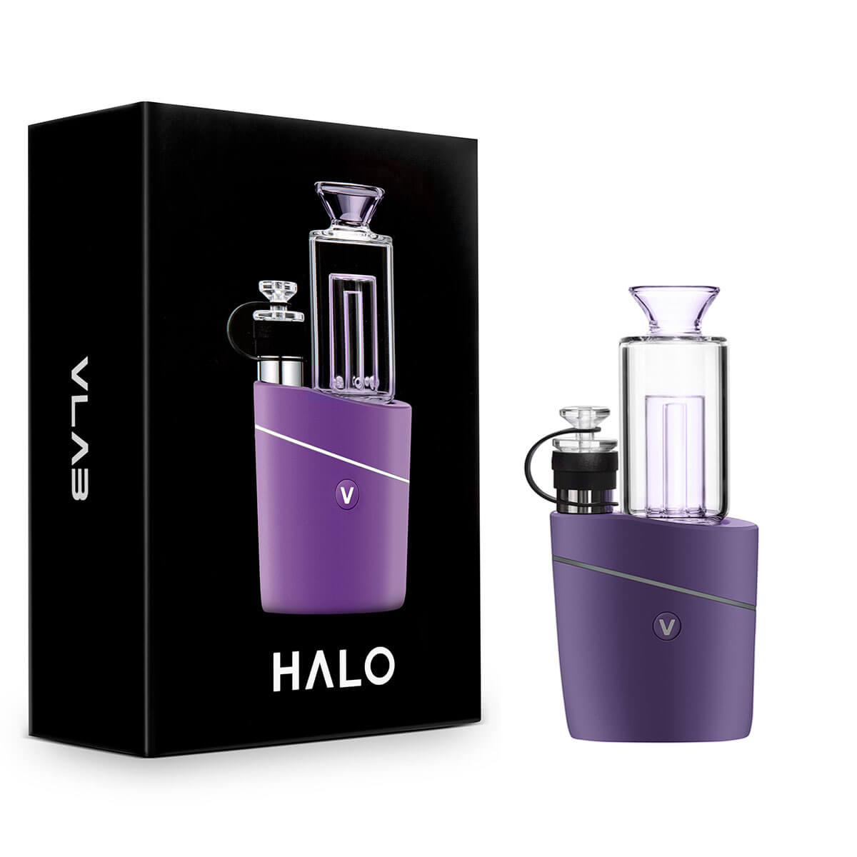 VLAB HALO Portable Vaporizer in Purple with Fast Heating Feature beside Packaging