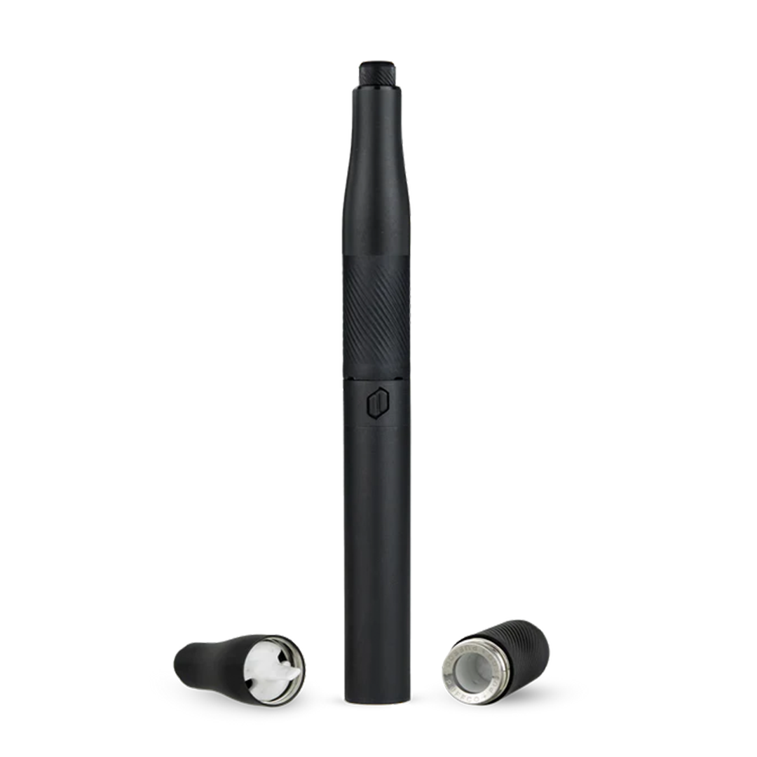 Puffco Plus Vaporizer in Onyx - Front View with Ceramic Chamber and Mouthpiece Detached