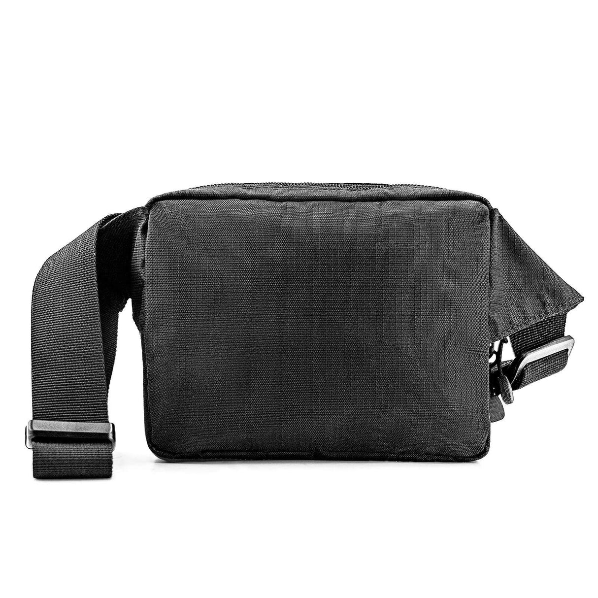 HUMANSUCKS Fanny Pack in black, front view on a seamless white background, adjustable strap