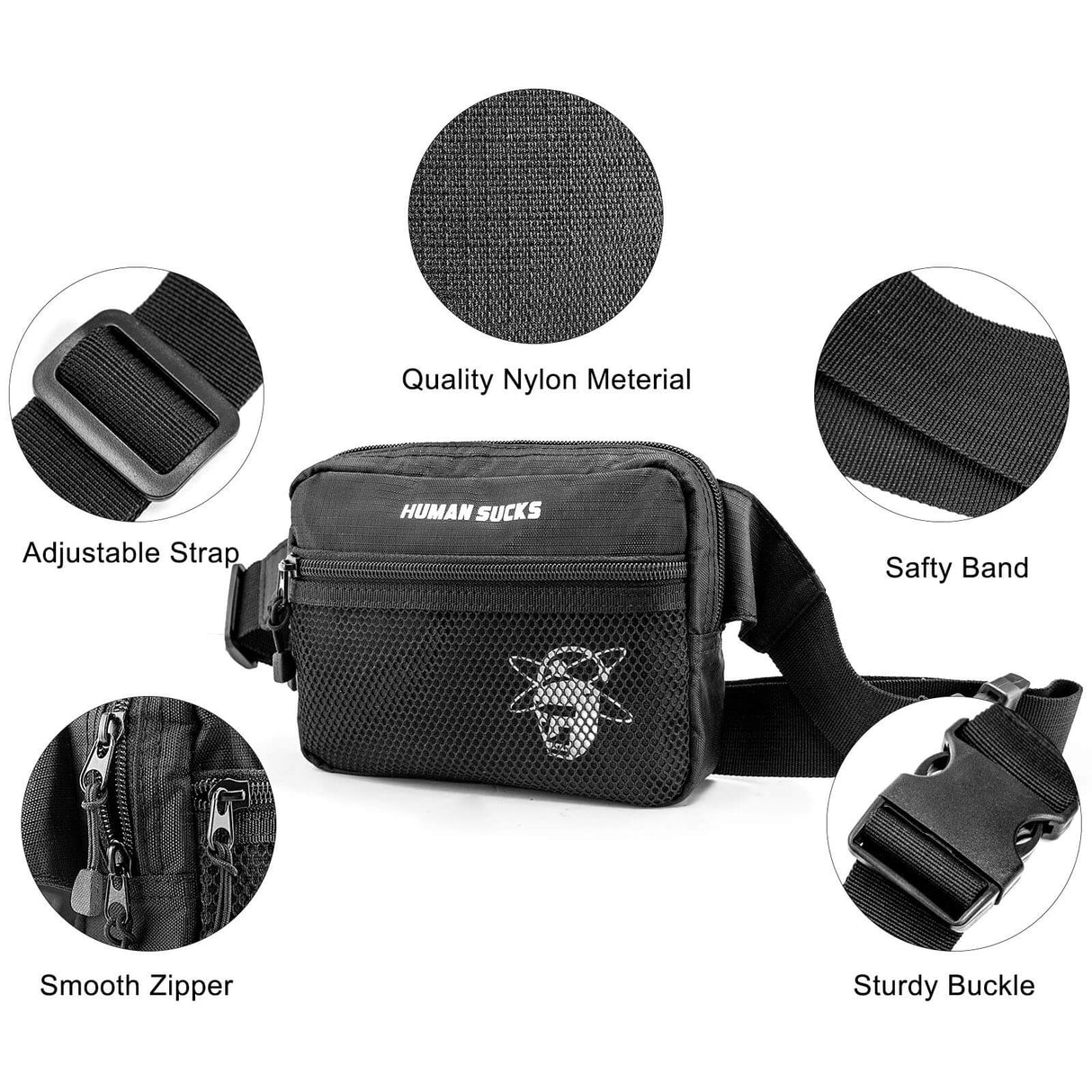 HUMANSUCKS Fanny Pack with adjustable strap, sturdy buckle, and smooth zipper