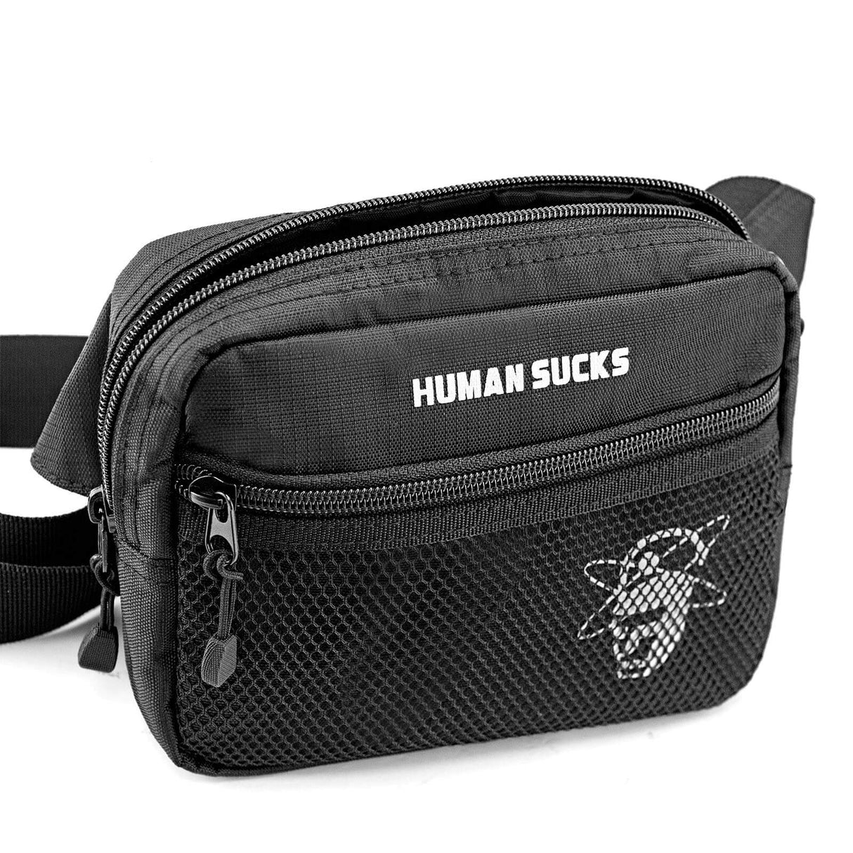 HUMANSUCKS Fanny Pack in Black with Adjustable Strap and Logo Front View