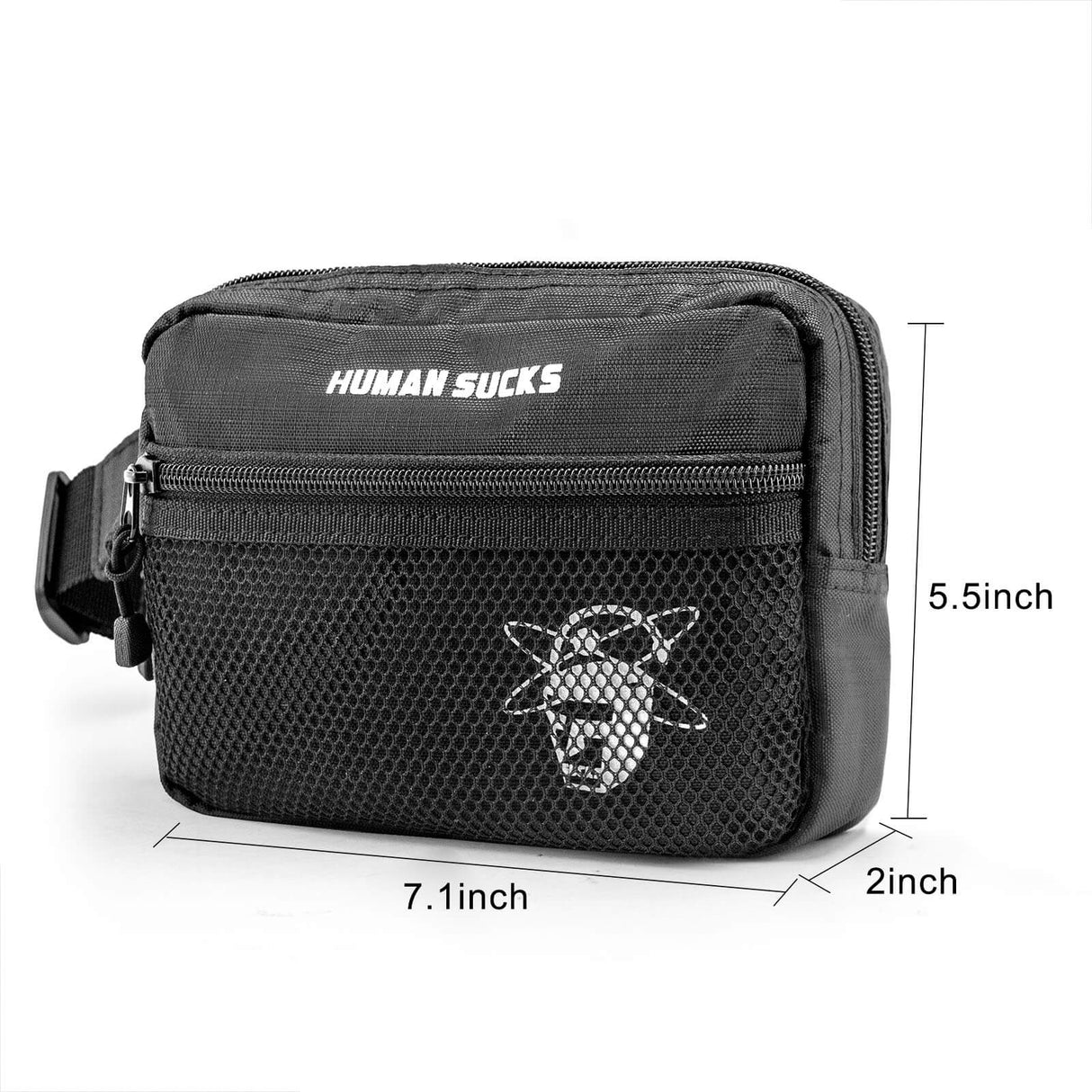HUMANSUCKS black fanny pack with logo, front view showing dimensions