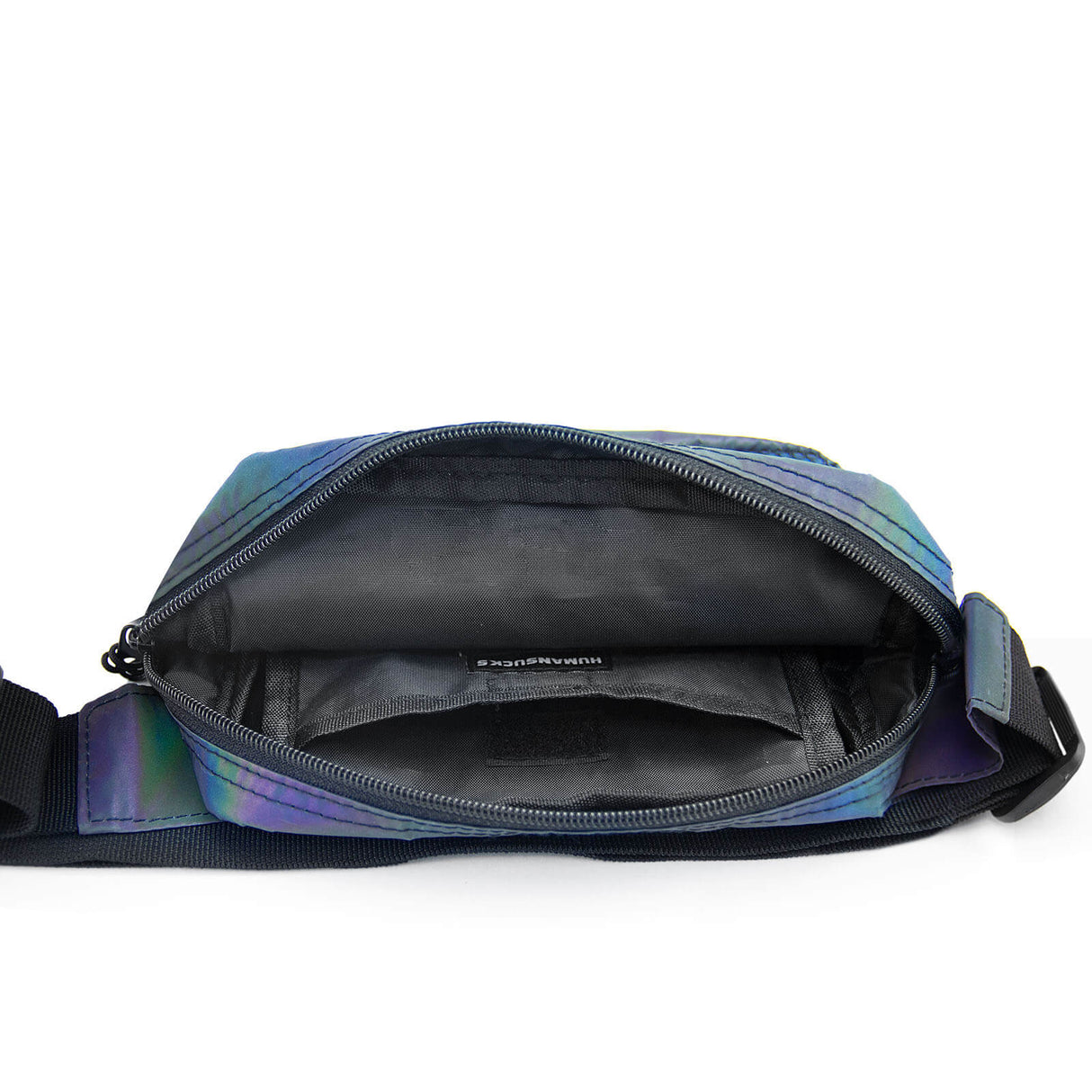 HUMANSUCKS Reflect Fanny Pack open view showing spacious interior, ideal for travel