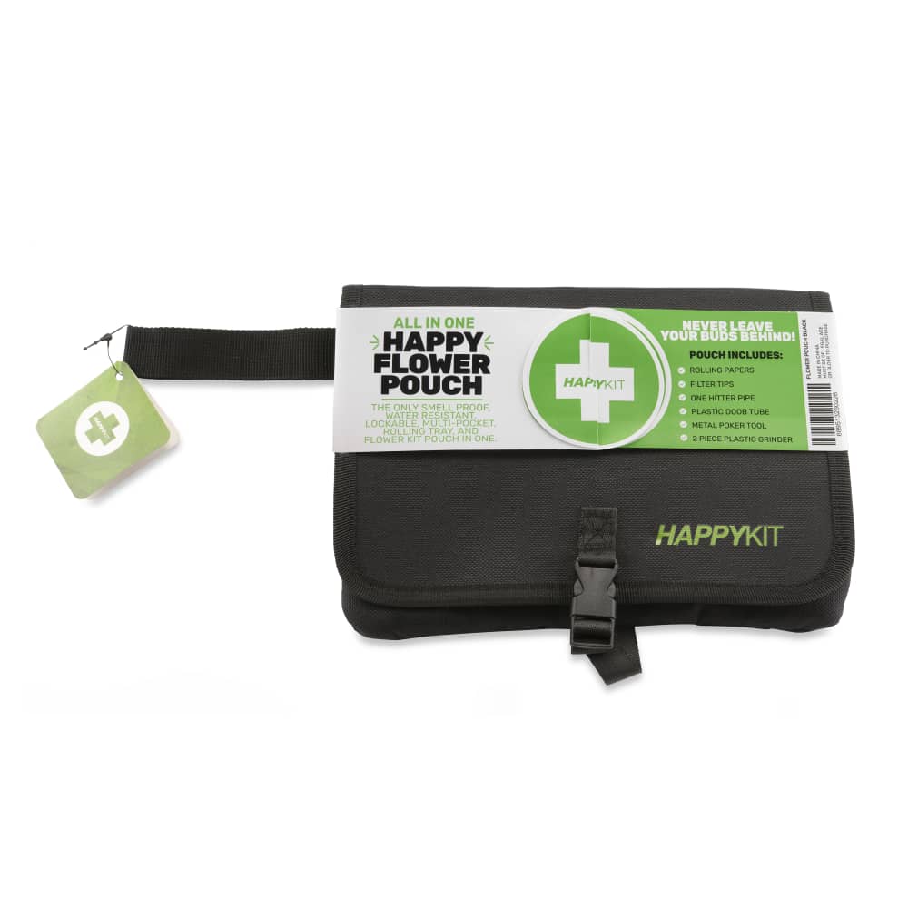 Happy Kit - Black Happy Pouch front view with strap and green label