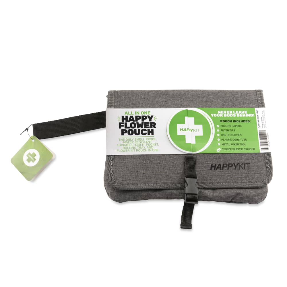 Happy Kit - Gray Happy Pouch Front View with Strap and Brand Tag