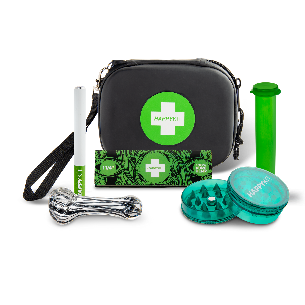 The Happy Kit - Black Travel-Sized Smoking Kit with Pipe, Grinder, and Accessories