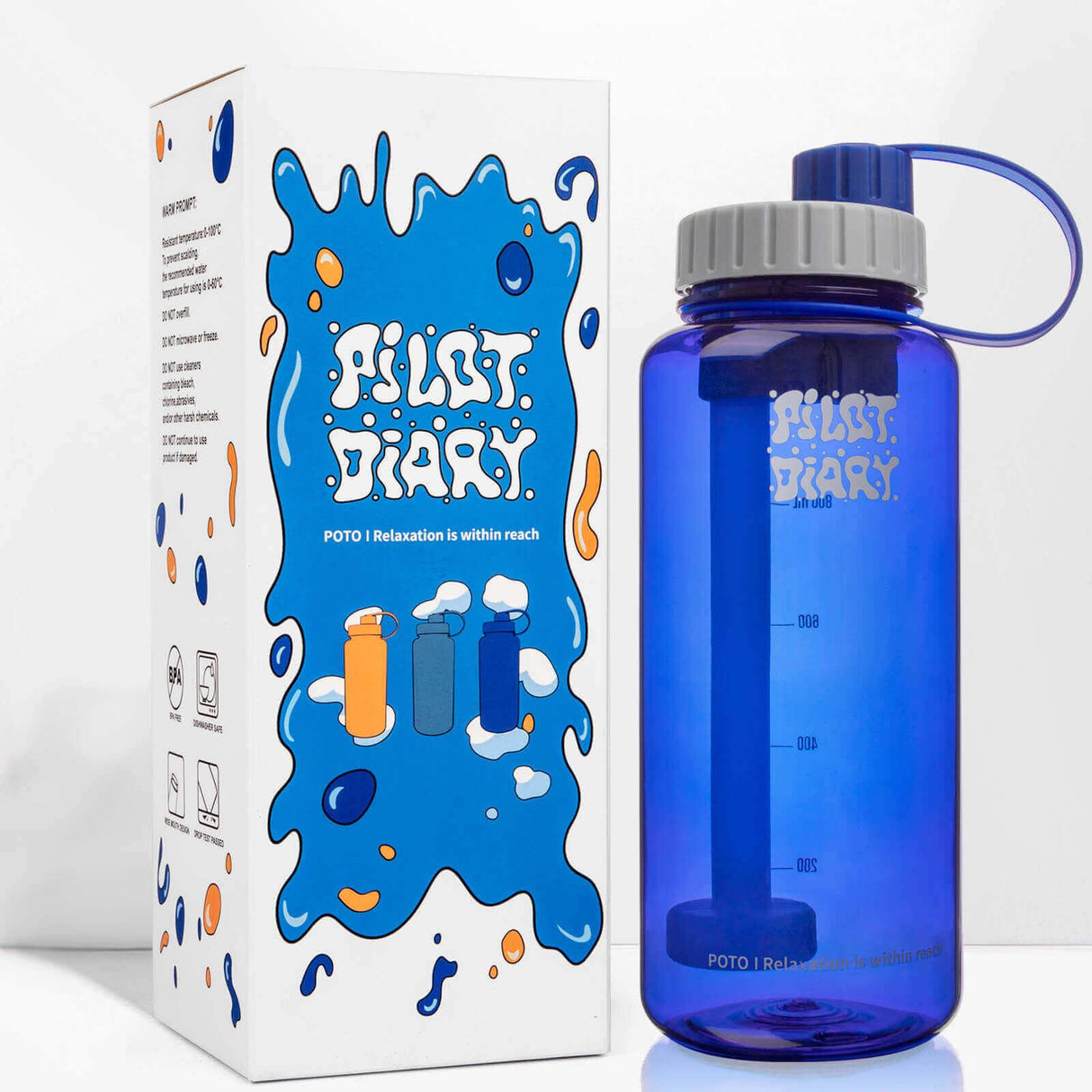 PILOT DIARY POTO Water Bottle Bong in Blue - Front View with Packaging