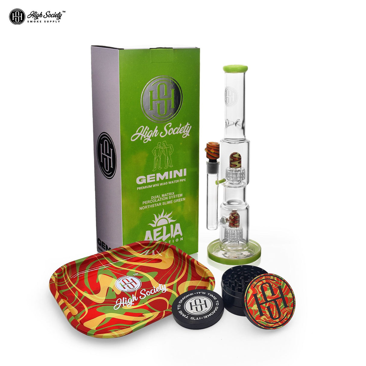 High Society Gemini Daily Driver Bundle with glass bong and colorful accessories front view