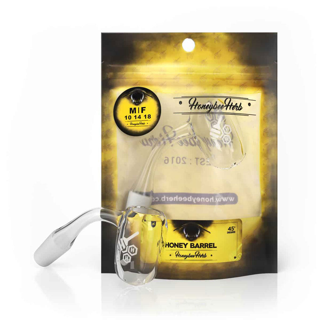 Honey Barrel Quartz Banger 45Β° by Honeybee Herb, 10mm Male joint, on retail packaging