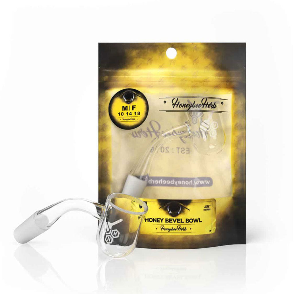Honeybee Herb Quartz Banger 45Β° Degree Angle, Clear Flat Top Design on Branded Packaging