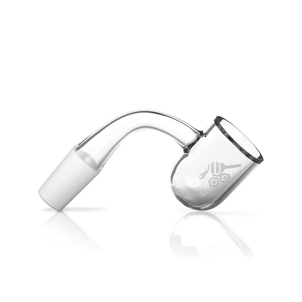 Honeybee Herb Honey Bevel Bowl Quartz Banger at 90Β° angle, clear, for dab rigs, side view on white background