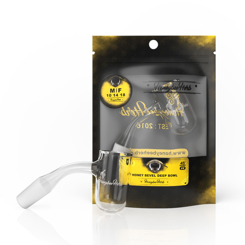 Honeybee Herb Quartz Banger with 45Β° Angle and Deep Bowl, Front View on Packaging