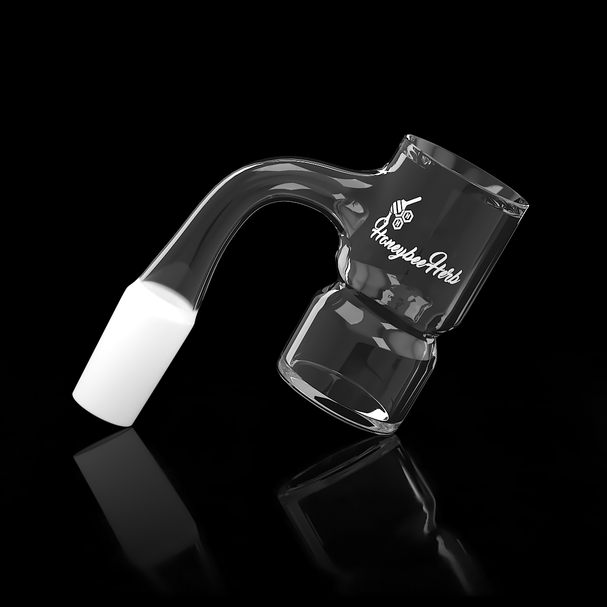 Honeybee Herb Bevel Splash Bucket 90°, clear quartz banger, side view on black background