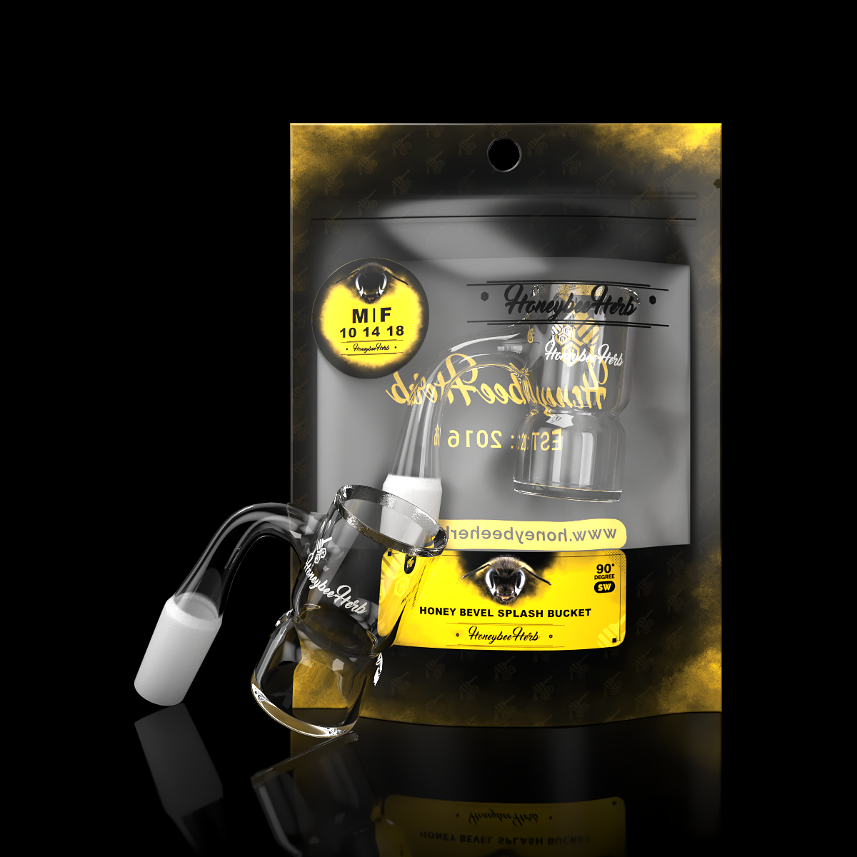 Honeybee Herb Honey Bevel Splash Bucket 90°, clear quartz banger for dab rigs, front view on black