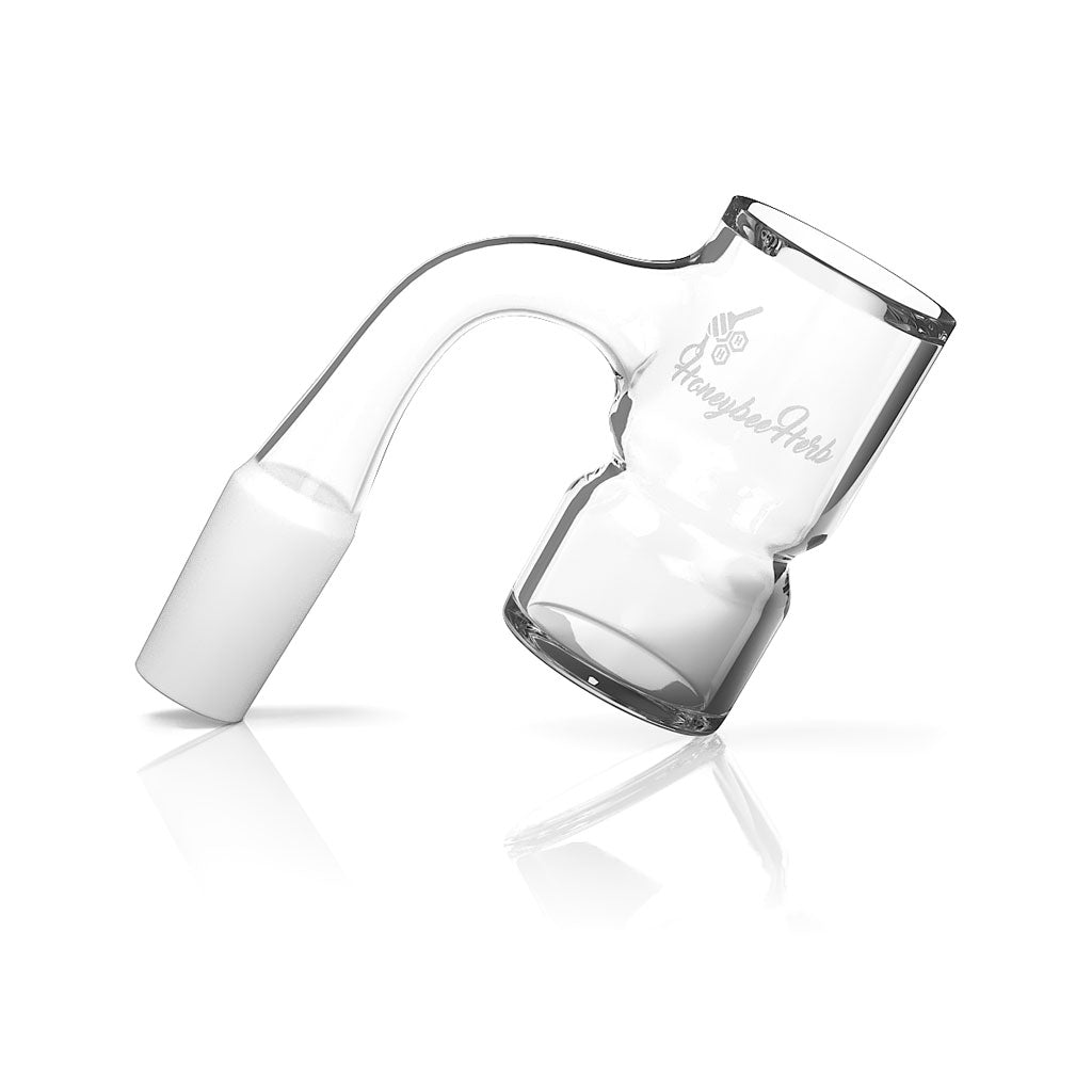 Honeybee Herb Bevel Splash Bucket, 90° Quartz Banger, Clear, Angled Side View