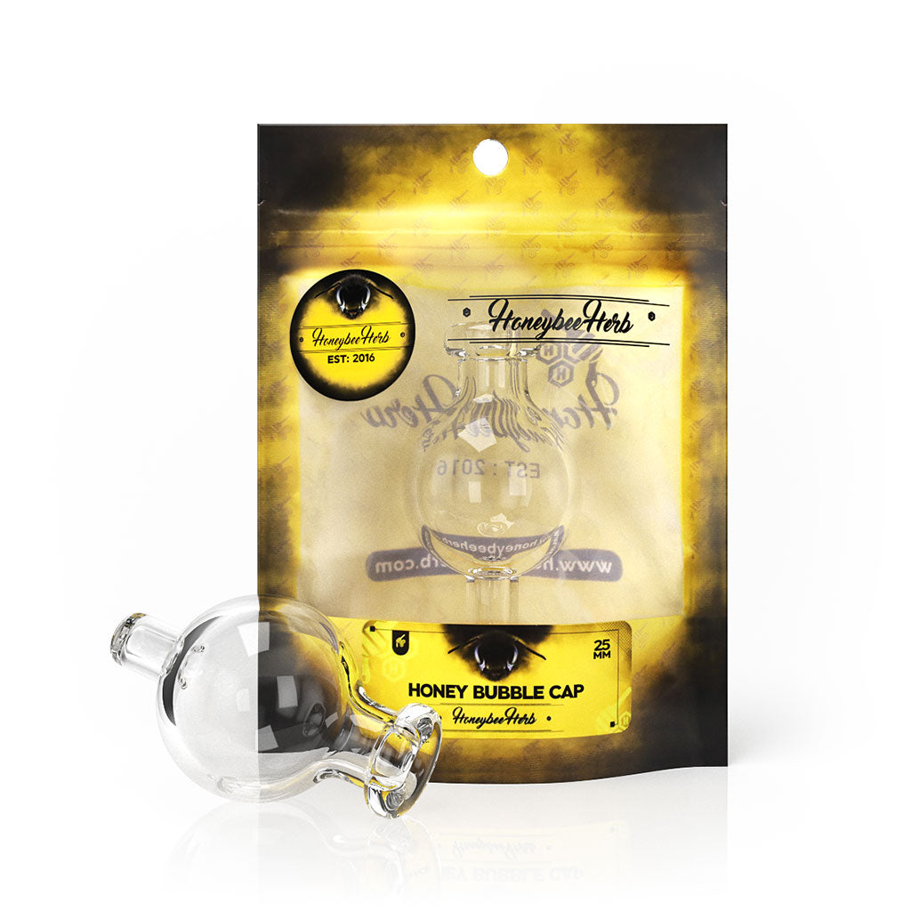 Honeybee Herb Bubble Carb Cap, Clear Glass, 25mm, for Enhanced Dab Flavor, Packaged Front View