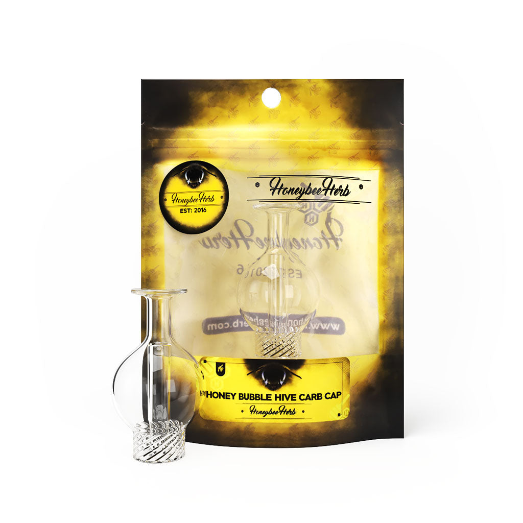 Honey Hive Bubble Carb Cap by Honeybee Herb in packaging, clear quartz, for dab rigs