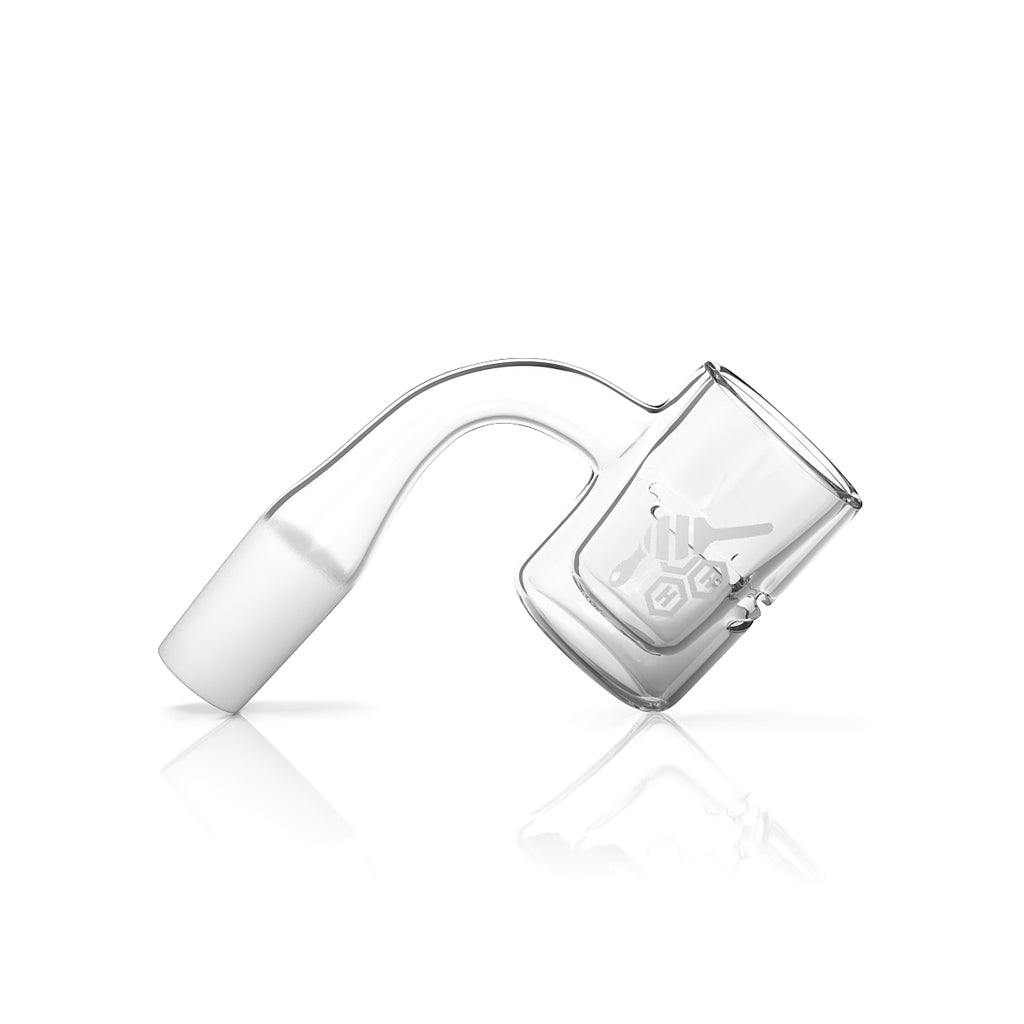 Honeybee Herb Honey Chamber Quartz Banger at a 90Β° angle, clear, flat top design for dab rigs