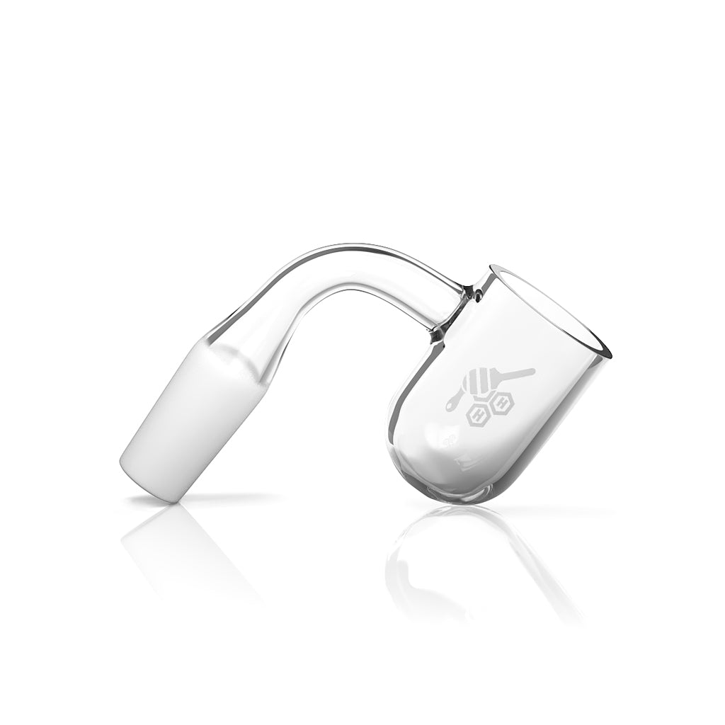 Honeybee Herb Honey Cyclone Quartz Banger at 90Β° angle, clear flat top design, for dab rigs