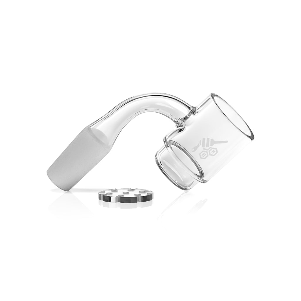 Honeybee Herb Honey Disc Deep Dish Quartz Banger at 90° angle, clear, for dab rigs, side view on white