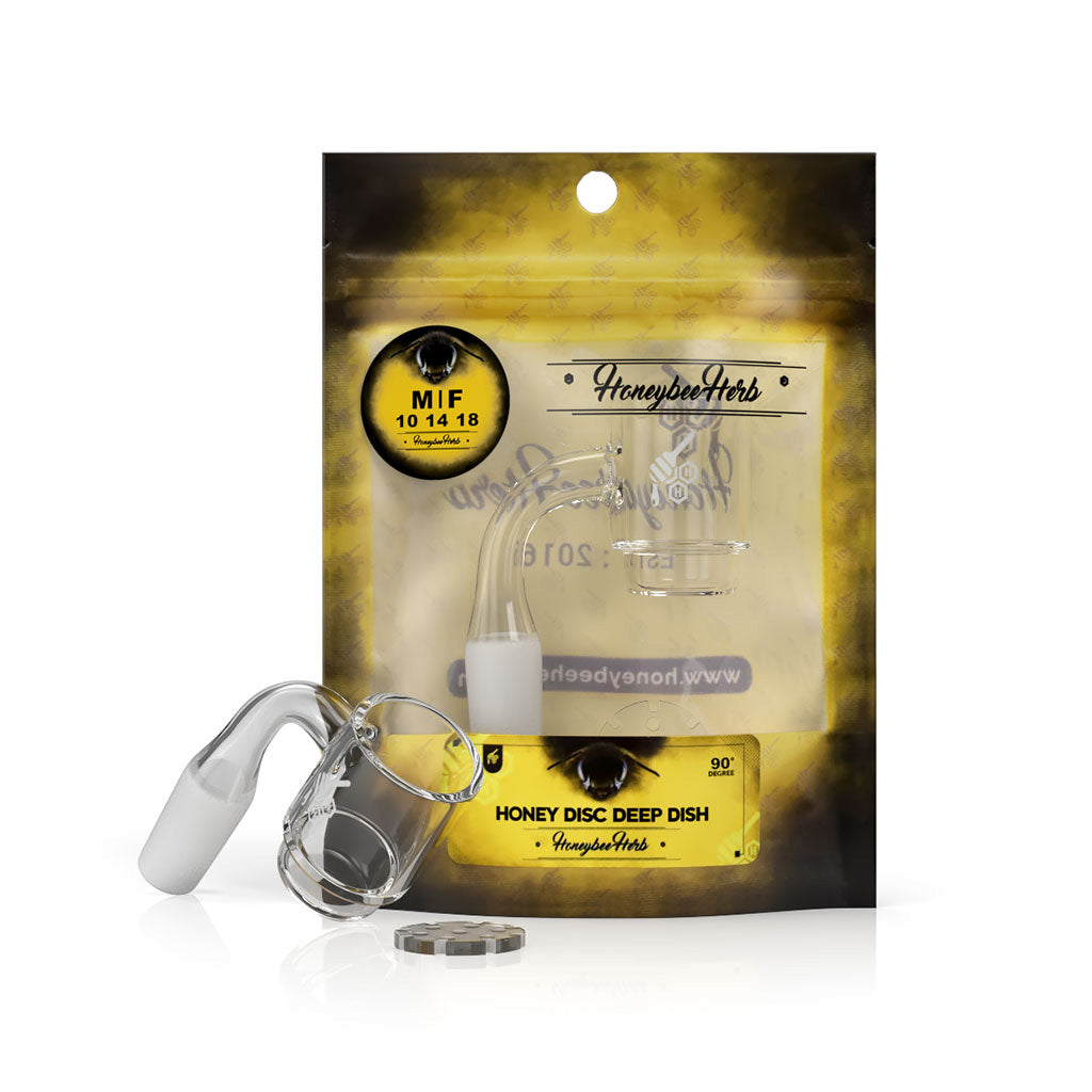 Honeybee Herb Honey Disc Deep Dish Quartz Banger, 90° Degree Joint, Clear, Front View