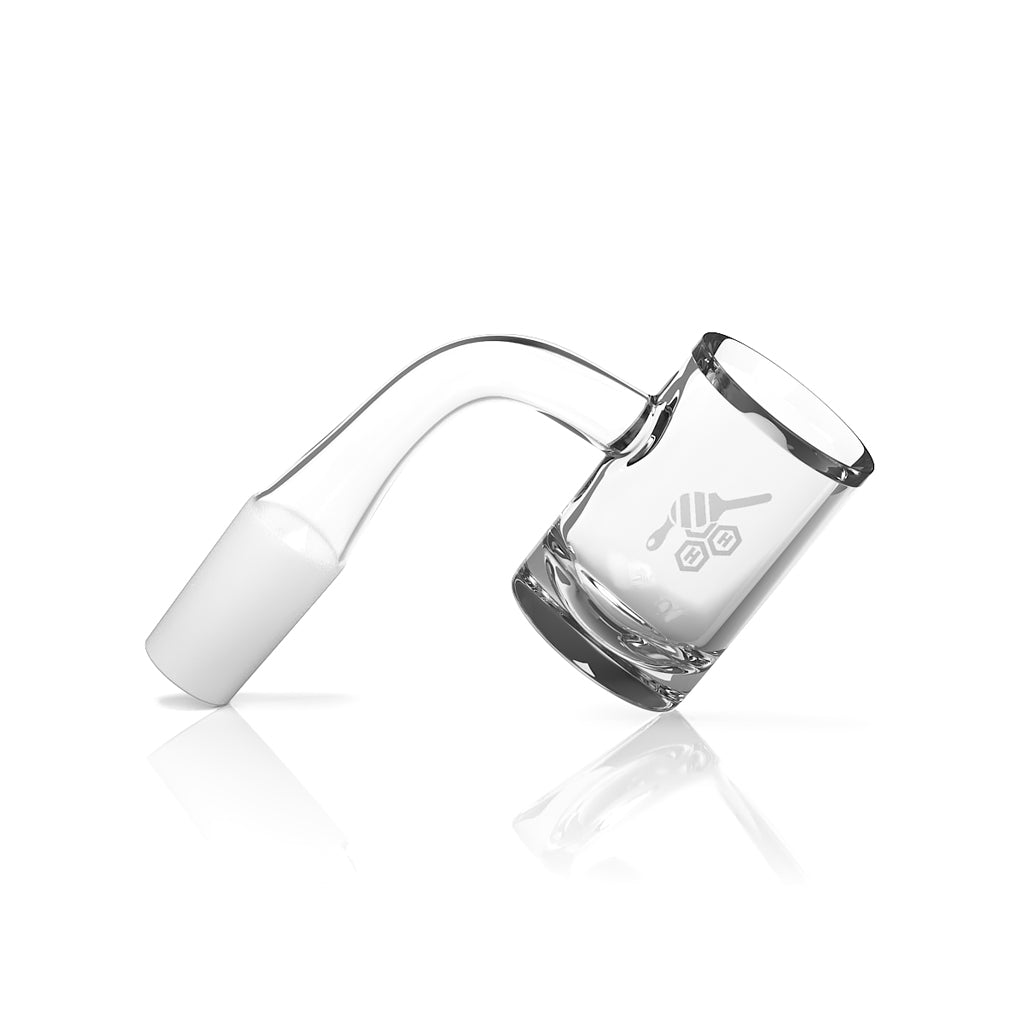 Honey Hybrid Quartz Banger at 90Β° angle, 25mm flat top design, clear quartz, side view