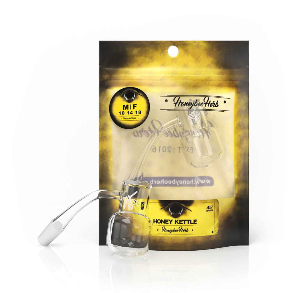 Honey Kettle Quartz Banger by Honeybee Herb, 45Β° angle, clear quartz, front view on packaging