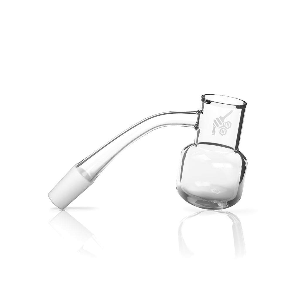 Honey Kettle Quartz Banger 45Β° Angle by Honeybee Herb, Clear Flat Top Design, Side View