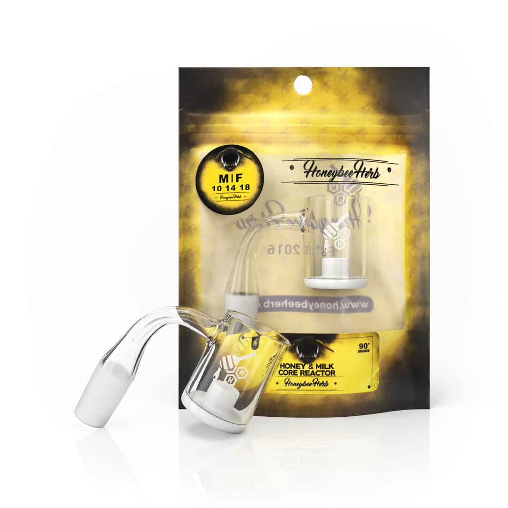 Honeybee Herb Honey & Milk Core Reactor Quartz Banger at 90Β° angle with packaging