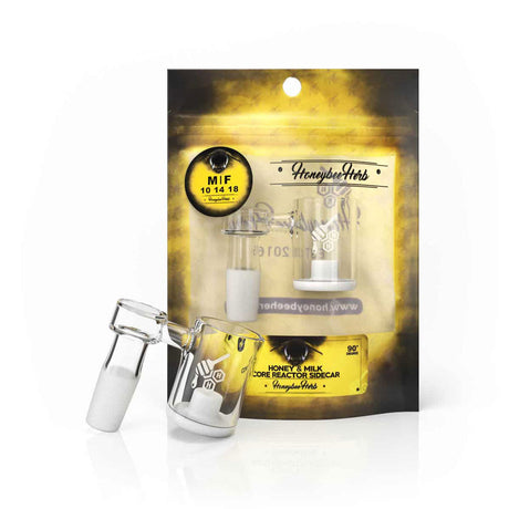 Honey & Milk Core Reactor Sidecar Quartz Banger at 90° angle, clear quartz, front view on packaging