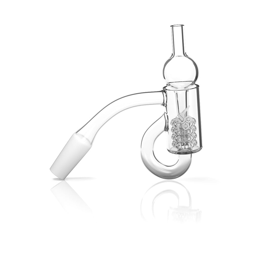 Honeybee Herb Recycler Quartz Banger at 45Β° angle, clear, for dab rigs, side view on white background