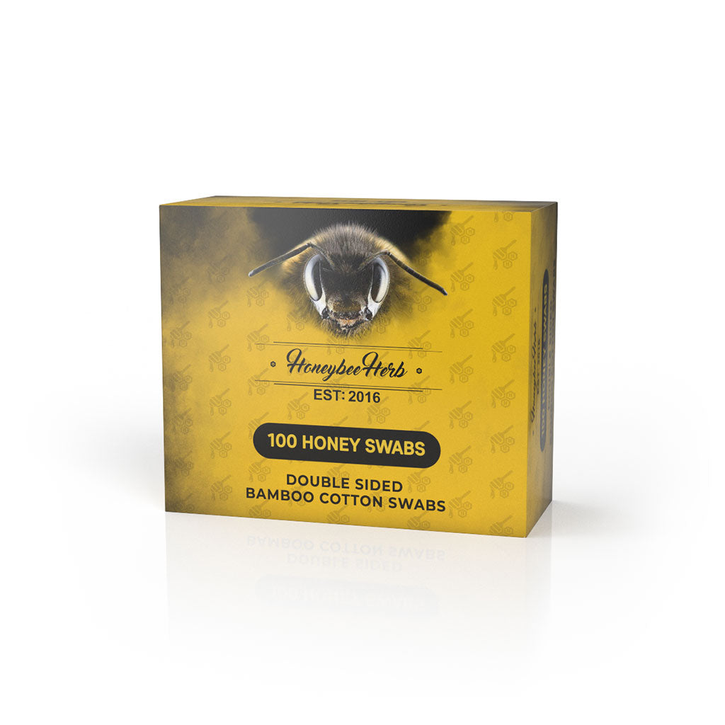Honeybee Herb Honey Swabs box front view, double-sided bamboo cotton swabs for cleaning