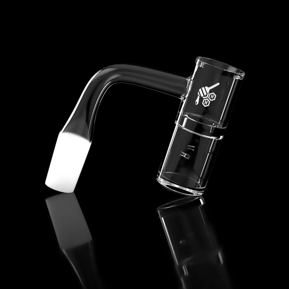 Honeybee Herb Honey Well Quartz Banger at 90° angle, clear, for dab rigs - side view on black background