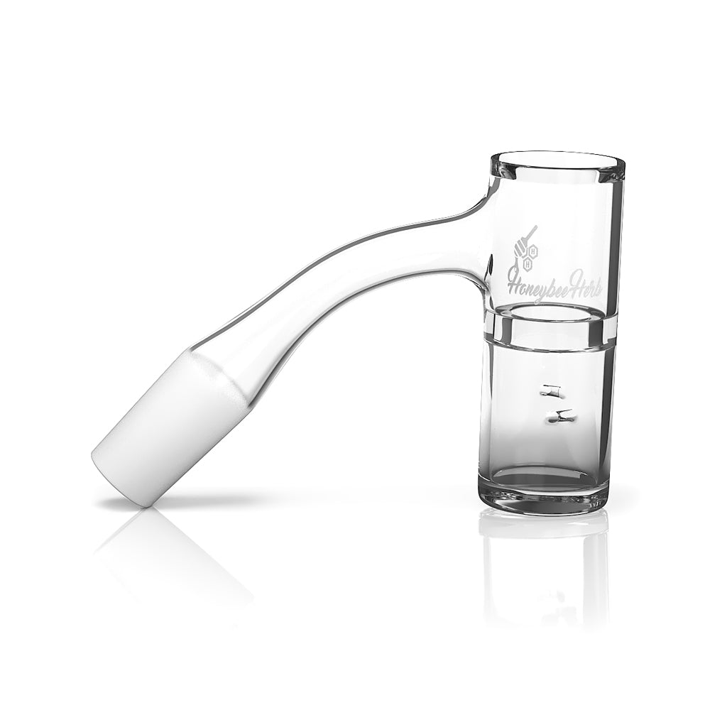 Honeybee Herb Quartz Banger at 45Β° angle, clear, flat top design for dab rigs, side view
