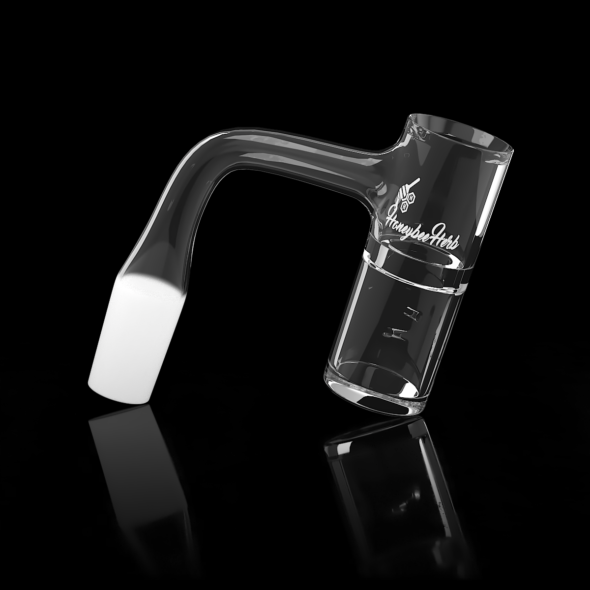 Honeybee Herb Honey Well Quartz Banger at 90° angle, clear, for dab rigs, side view on black background