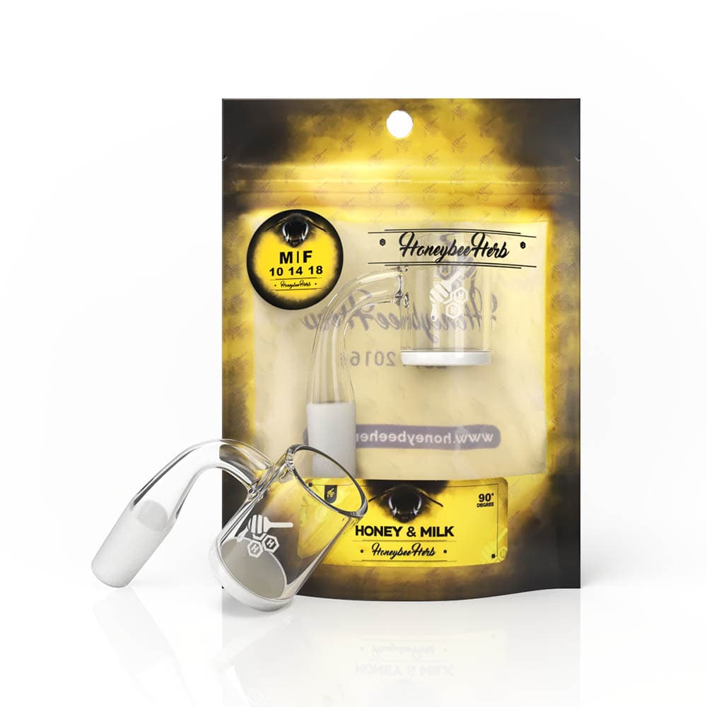 Honeybee Herb Honey & Milk Quartz Banger 90Β° Degree, Clear Flat Top, on Yellow Packaging