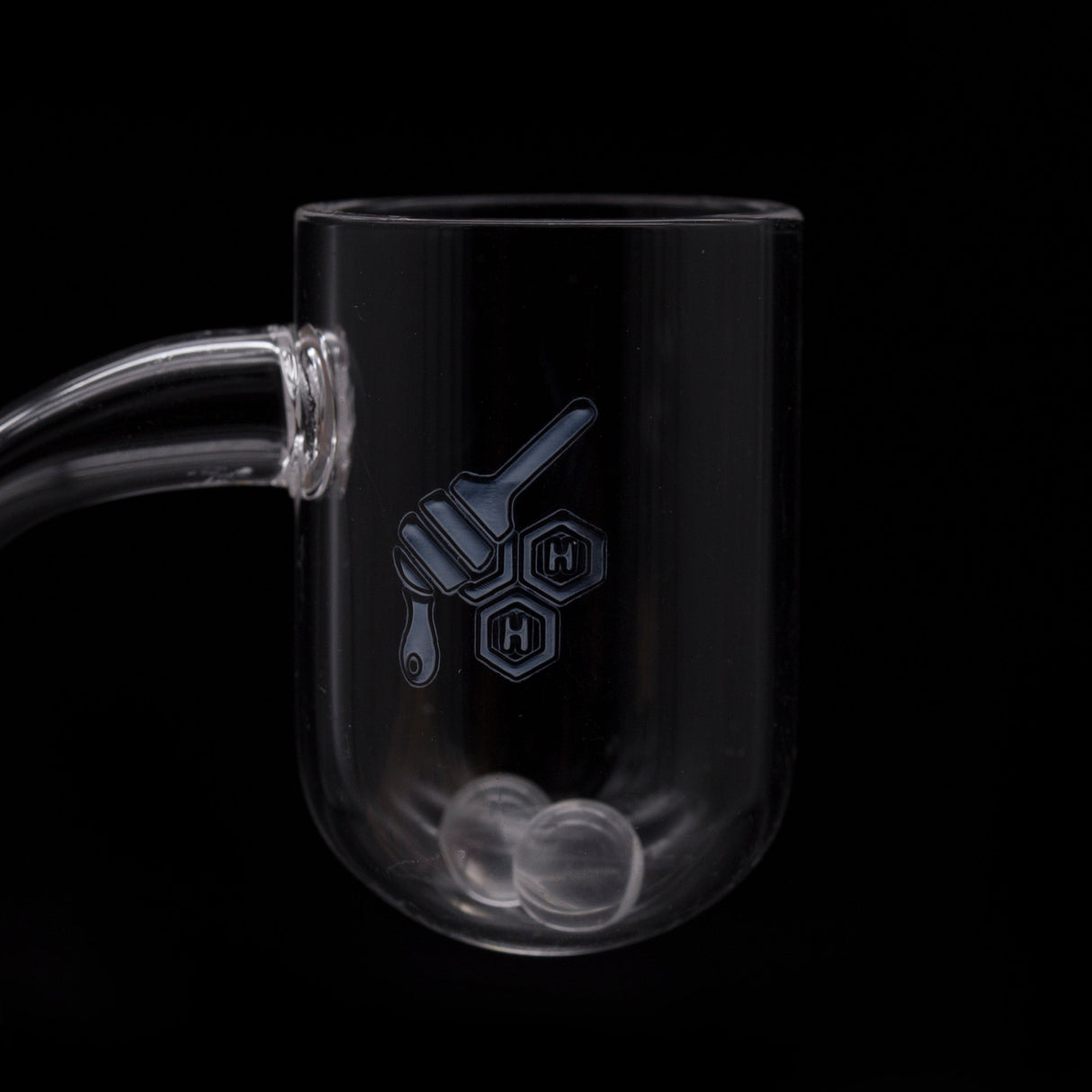 Honeybee Herb Honey Cyclone Quartz Banger at 90Β° angle, clear, for dab rigs - side view