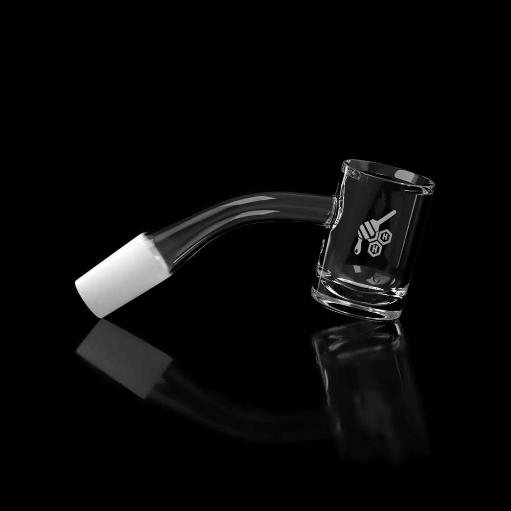 Honeybee Herb Quartz Banger at 45Β° angle, clear, 25mm flat top for dab rigs, side view on black