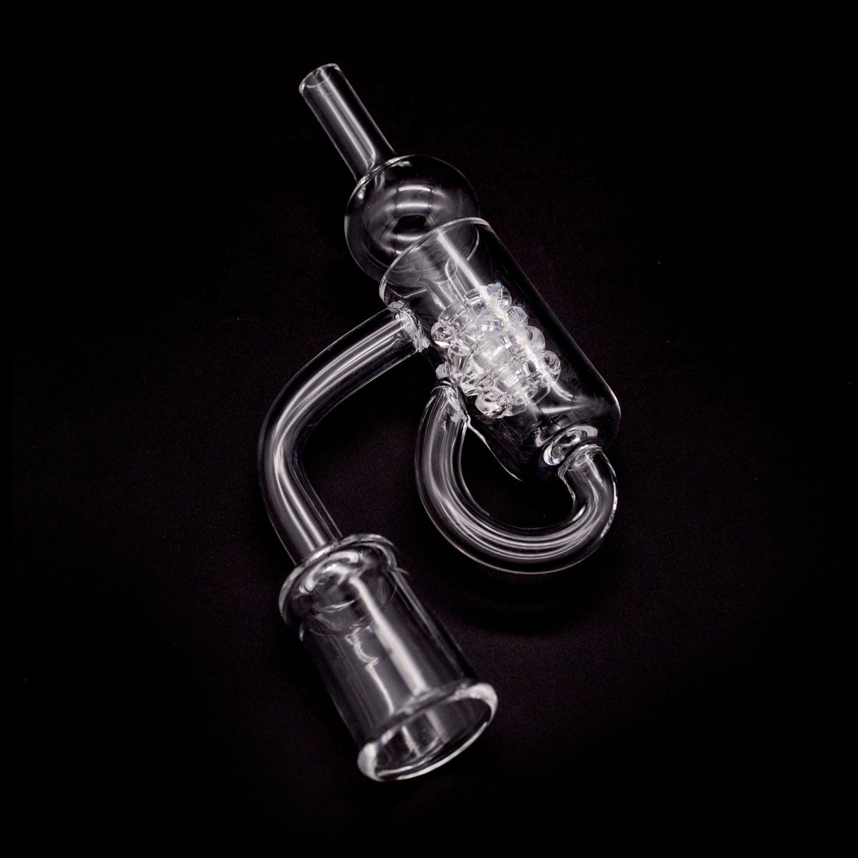 Honeybee Herb Quartz Banger Recycler for Dab Rigs, 90-degree joint, clear design on black background
