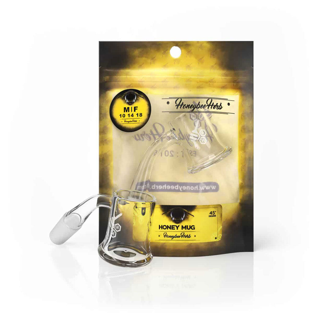 Honey Mug Quartz Banger 45Β° by Honeybee Herb, clear glass, displayed on branded packaging