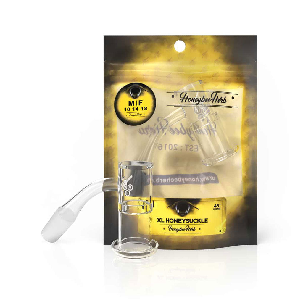 Honeybee Herb Honeysuckle XL Quartz Banger at 45Β° angle on packaging, clear, for dab rigs