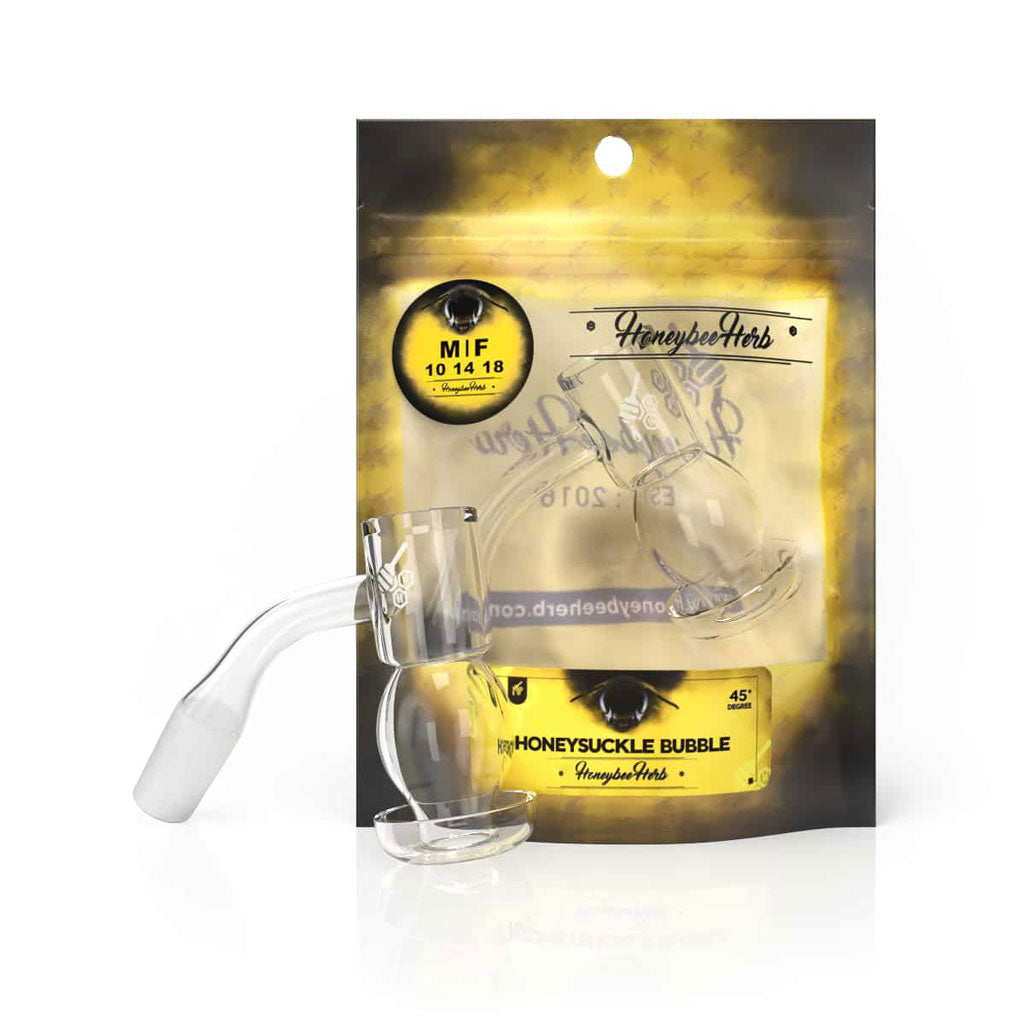 Honeybee Herb Honeysuckle Bubble Quartz Banger at 45° Angle for Dab Rigs, Front View on Packaging