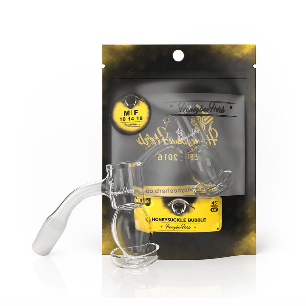 Honeysuckle Bubble Quartz Banger 45° by Honeybee Herb, clear flat top design, packaged front view