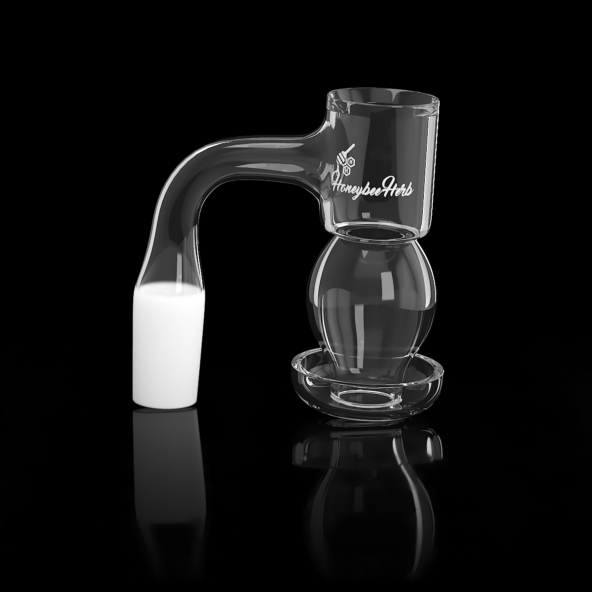 Honeybee Herb Honeysuckle Bubble Quartz Banger at 90° angle, clear, for dab rigs, front view on black