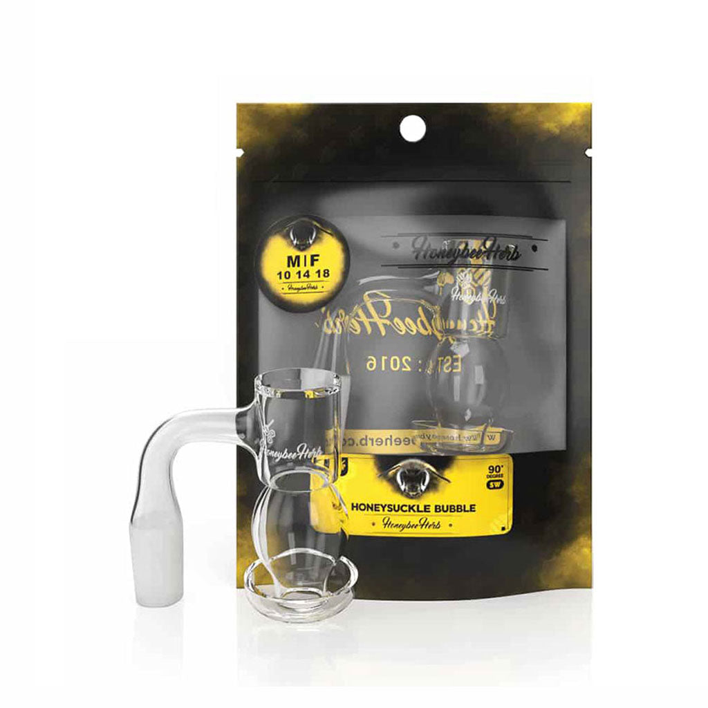 Honeybee Herb Honeysuckle Bubble Quartz Banger 90°, clear, on packaging front view