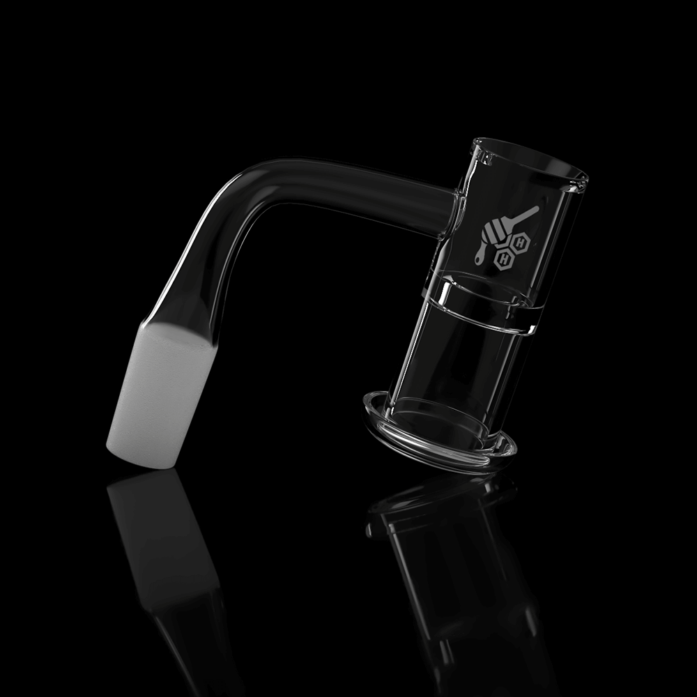 Honeybee Herb Honeysuckle XL Quartz Banger at 90Β° angle, clear, for dab rigs, side view on black